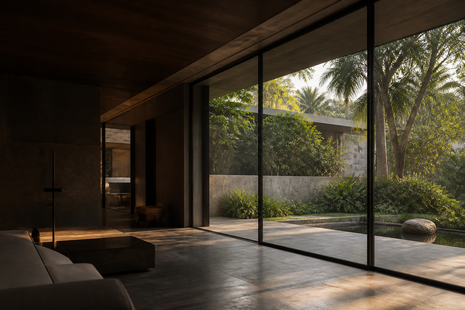 Minimal aluminium windows opening onto a landscaped courtyard